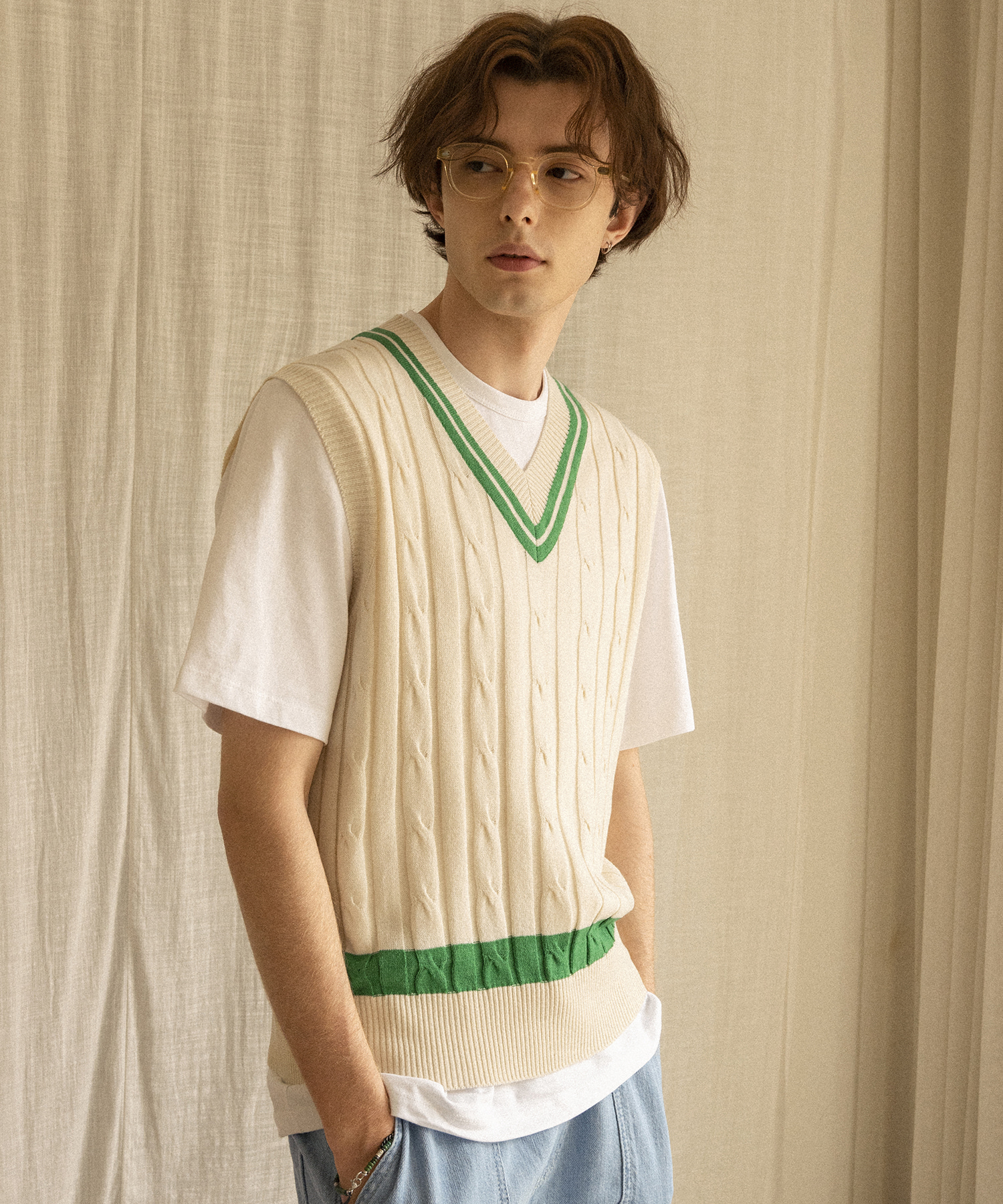 KN-32 Cable knit vest_Green